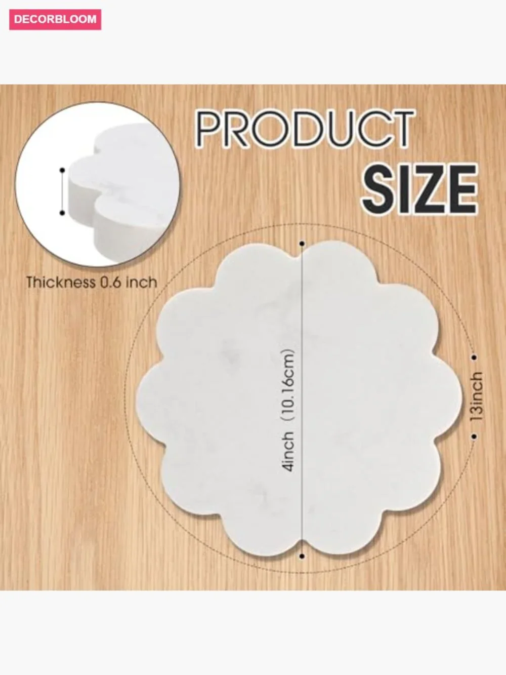 6 Piece Natural Marble Coaster Set - Scalloped Square Stone Drink Coasters